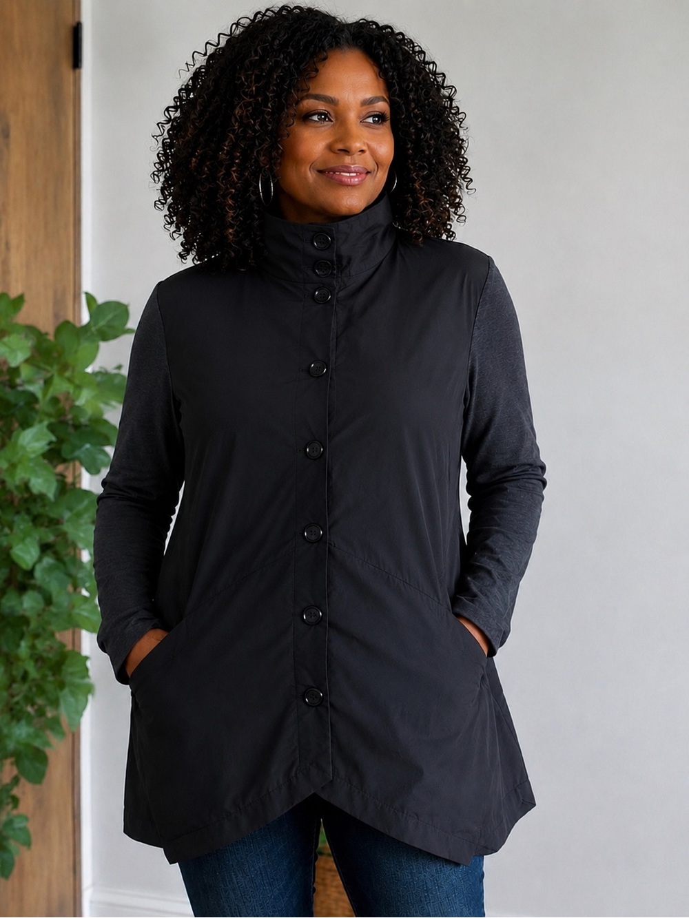 Sun Kim Black Avant Garde Swing Coat Cowl Neck Button Jacket Pockets Large